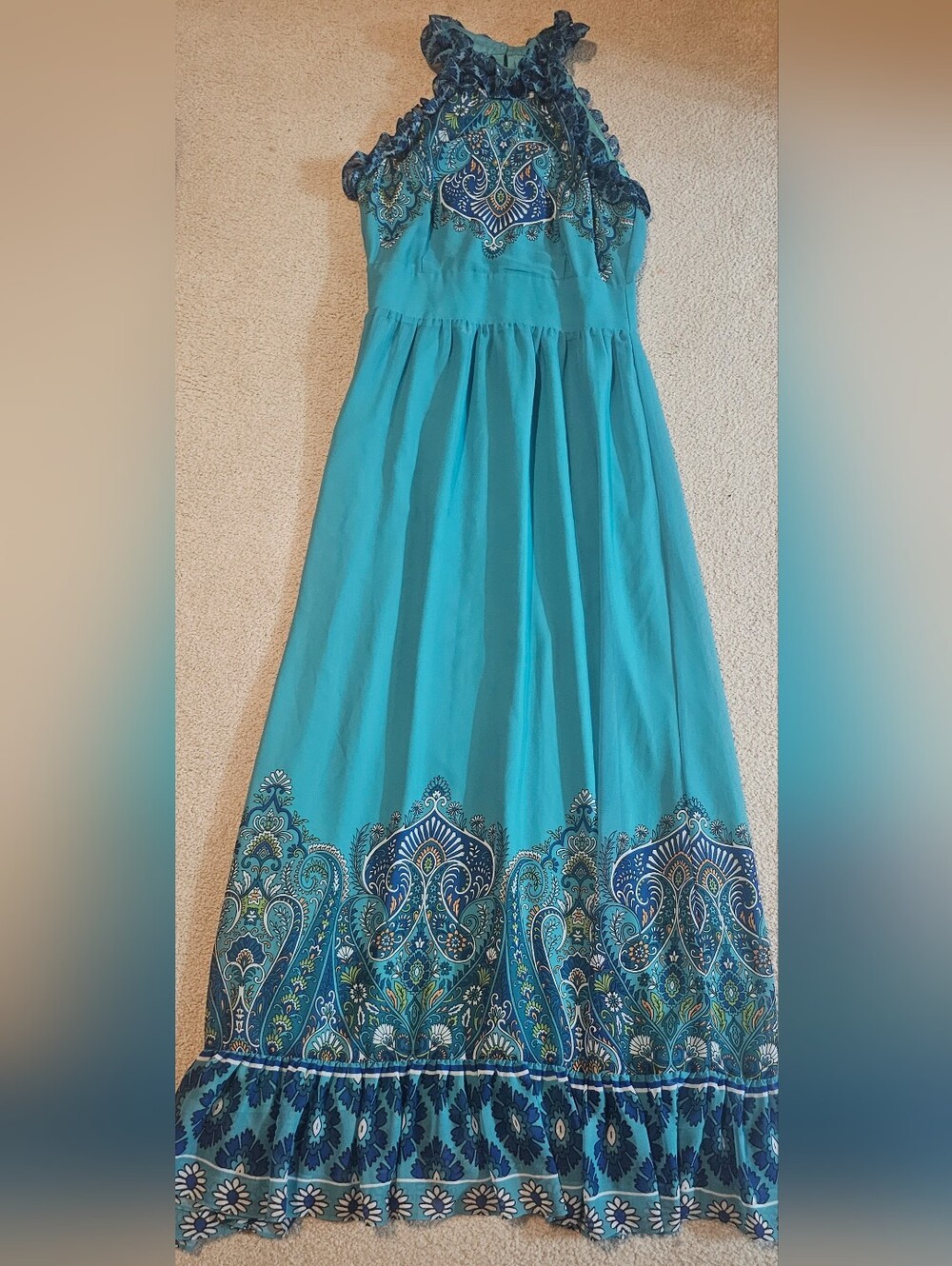 Boston Proper Blue Multi Paisley Print Ruffle High Neck Maxi Dress size 6 - Picture 9 of 11